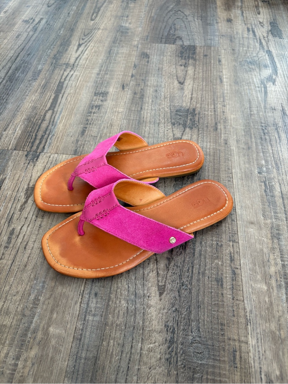 UGG Pink Suede Thong Sandals for Women with Tan Footbed